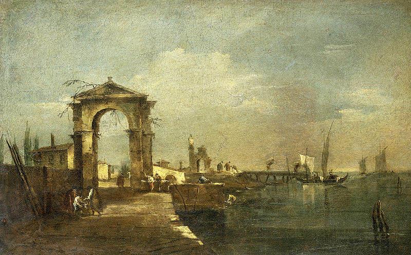 Francesco Guardi Landschap met een kade en schepen op een meer oil painting image